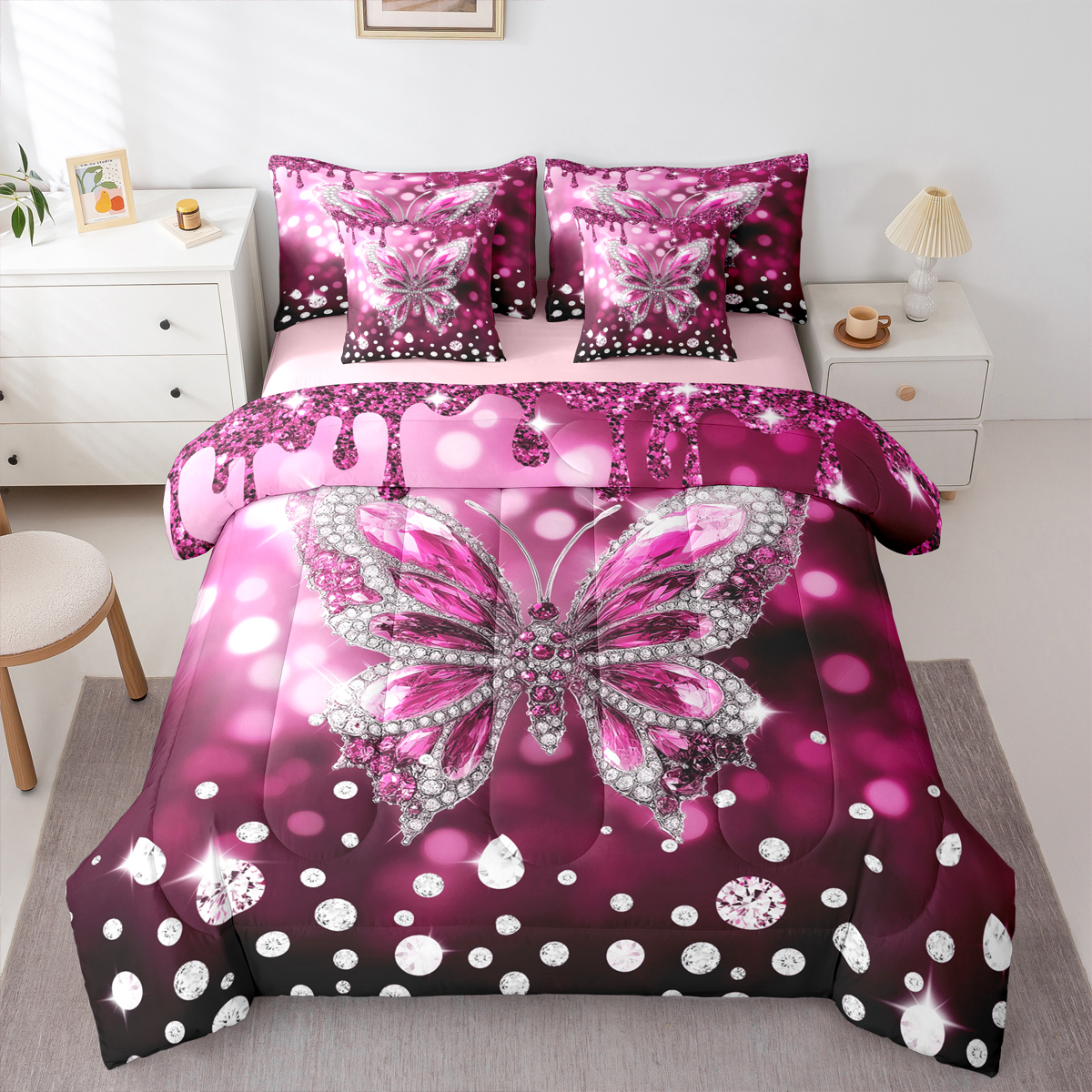 jejeloiu Cute Butterflies 7-Piece Bedding Comforter Set,Chic Moth King Bedding Sets,Sliver Pink Diamond Bed Sheets For Girls,Ultra Soft Home Decor Reversible