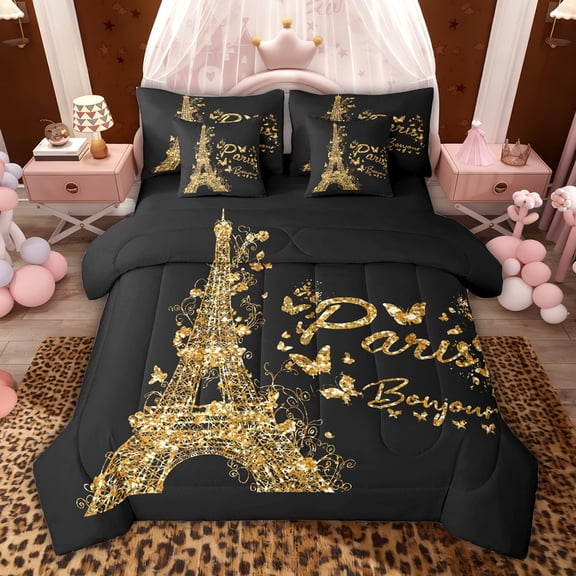 jejeloiu Cute Butterflies 7-Piece Twin Bedding Sets,Gold Eiffel Tower Bedding Comforter Set For Adults Reversible
