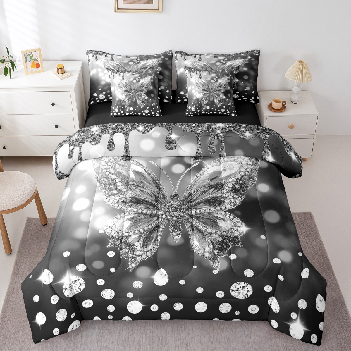 jejeloiu Cute Butterflies 7 Pieces Bedding Comforter Set,Chic Moth Full Bedding Set,Sliver Gray Diamond Fitted Sheet Flat Sheet For Girls,Ultra Soft Home Decor Reversible