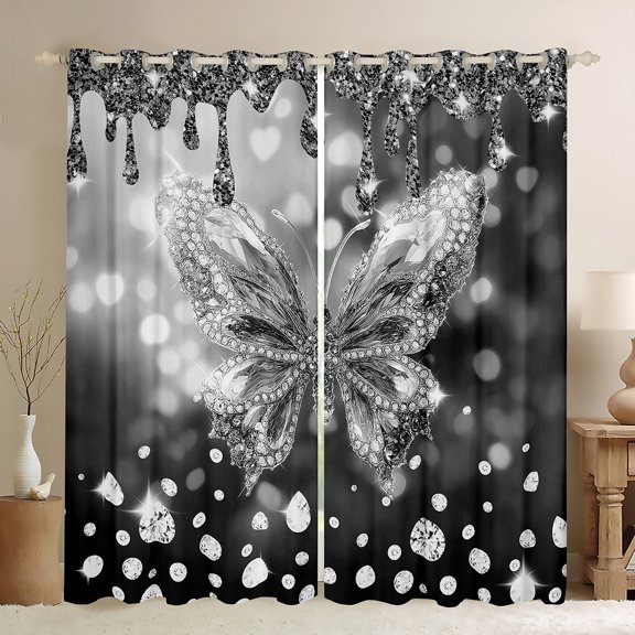 jejeloiu Cute Butterflies Curtains Pack of 2 (42x84 Each),Chic Moth Curtains Blackout,Sliver Gray Diamond Bedroom Curtains For Girls,Ultra Soft Home Decor