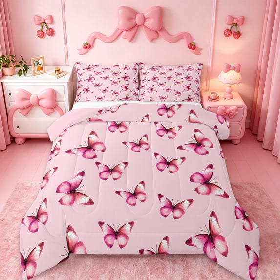 jejeloiu Cute Butterflies Queen Comforter Set,Cartoon Butterfly Bedding Sets,Girls Pink Bedding Comforter Set For Princess,Super Cozy Room Decor Reversible,3pcs