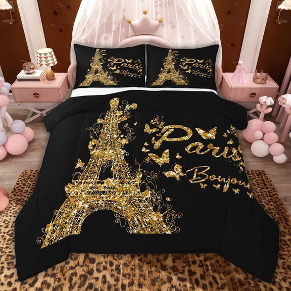 jejeloiu Cute Butterflies Twin Comforter Sets,Gold Eiffel Tower Bedding Set For Adults Reversible 2pcs
