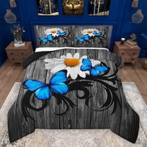 jejeloiu Cute Butterfly Daisy Bedding Comforter Set,Rustic Farmhouse Cabin Twin Comforter Sets,Blue Gray White Bedding Set For Kids,Ultra Soft Home Decor Reversible,2pcs