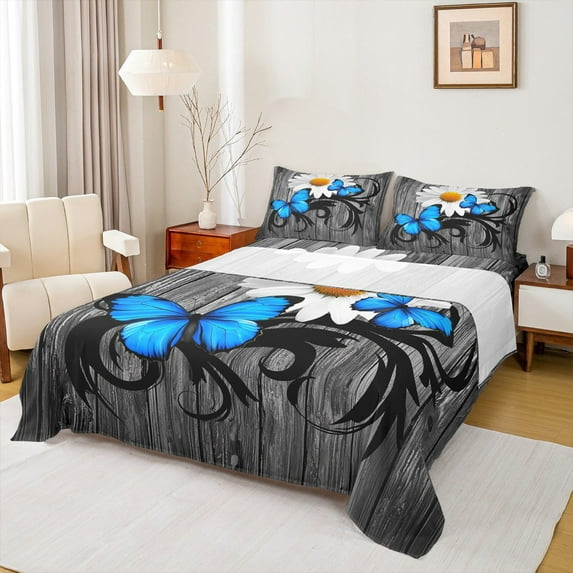 jejeloiu Cute Butterfly Daisy Twin Sheet Sets,Rustic Farmhouse Cabin Twin Fitted Sheet,Blue Gray White Flat Sheet For Kids,Ultra Soft Home Decor,3pcs