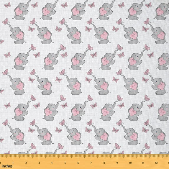 jejeloiu Cute Butterfly Elephant Fabric by the Yard 3 Yards,Zoo Animal Sewing Fabric,Gray Pink White Fabric for Sewing For Girls,Microfiber Bedroom Decor