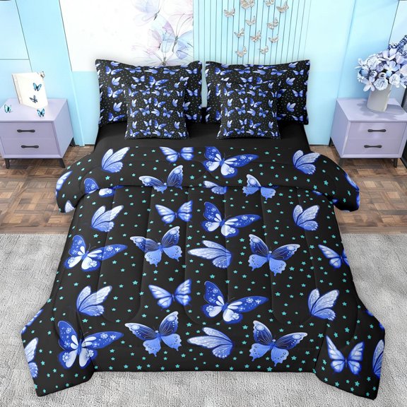 jejeloiu Cute Butterfly Stars 7-Piece Twin Bedding Sets,Flying Animal Bedding Comforter Set,Blue Black Sheet Sets For Kids,Ultra Soft Home Decor Reversible