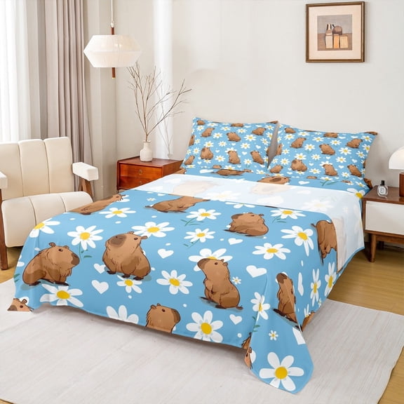 jejeloiu Cute Capibara Twin Sheet Sets,Rustic Flower Daisy Twin Fitted Sheet,Brown Blue White Flat Sheet For Child,Microfiber Bedroom Decor,3-Piece