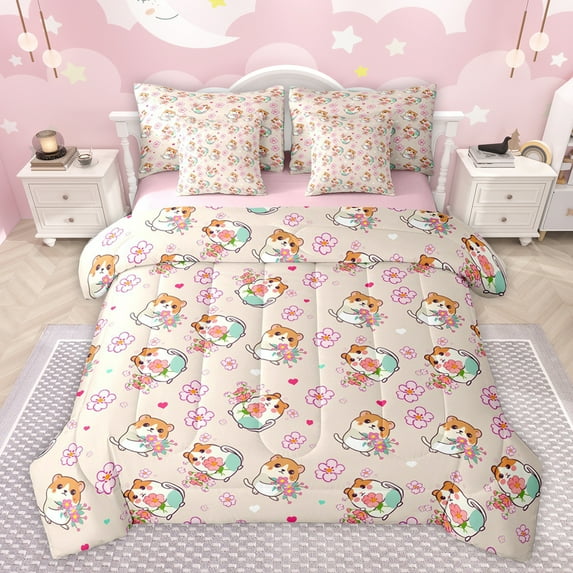 jejeloiu Cute Capybara 7-Piece Bedding Comforter Set,Pink Cherry Blossom King Bedding Sets,Kawaii Flowers Floral Bed Sheets For Girls Boys,Luxury Bedroom Decor Reversible