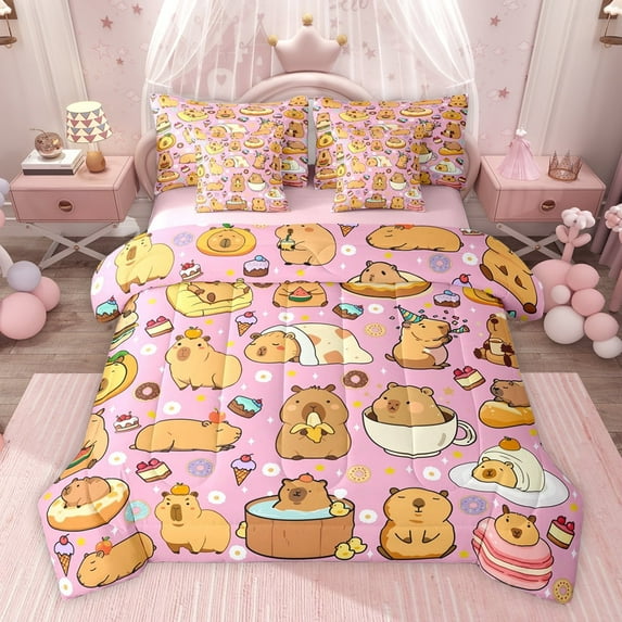 jejeloiu Cute Capybara 7 Pieces Bedding Comforter Set,Colorful Dessert Doughnut Full Bedding Set For Animals Lover Reversible