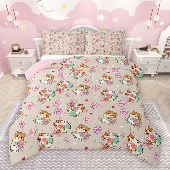 jejeloiu Cute Capybara Bedding Comforter Set,Pink Cherry Blossom Twin Comforter Sets,Kawaii Flowers Floral Bedding Set For Girls Boys,Luxury Bedroom Decor Reversible,2-Piece