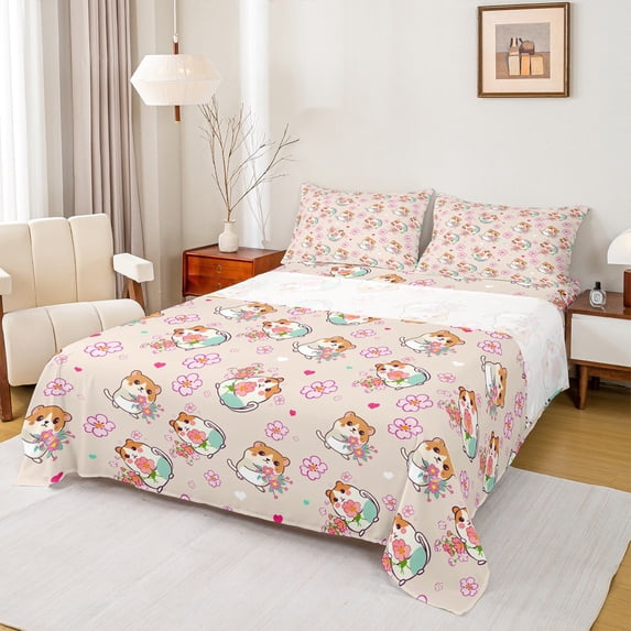 jejeloiu Cute Capybara Full Size Sheets,Pink Cherry Blossom Bed Sheets,Kawaii Flowers Floral Sheet Sets For Girls Boys,Luxury Bedroom Decor,4 Pieces