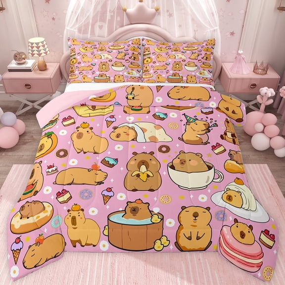 jejeloiu Cute Capybara Twin Comforter Sets,Colorful Dessert Doughnut Bedding Set For Animals Lover Reversible 2 Pieces
