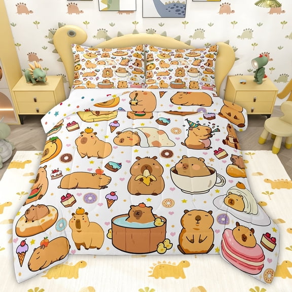 jejeloiu Cute Capybara Twin Comforter Sets,Kawaii Stars Loves Print Bedding Set For Girls Boys Reversible 2 Pieces