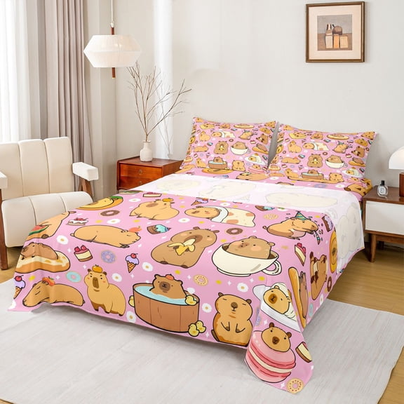 jejeloiu Cute Capybara Twin Sheet Sets,Colorful Dessert Doughnut Bedding For Animals Lover 3 Pieces