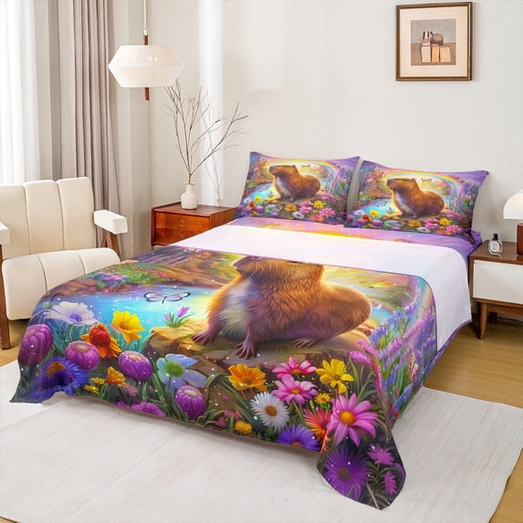 jejeloiu Cute Capybara Twin Sheet Sets,Colorful Flower Daisy Twin Fitted Sheet,Rainbow Butterfly Waterfall Flat Sheet For Child,Super Cozy Bedroom Decoration,3pcs