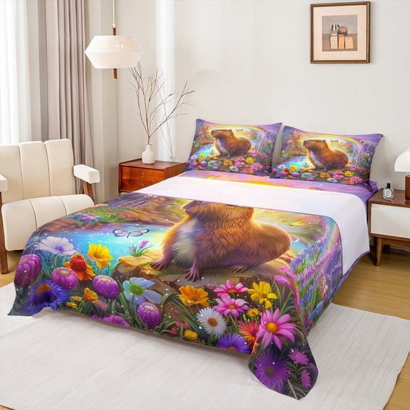 jejeloiu Cute Capybara Twin Sheet Sets,Colorful Flower Daisy Twin Fitted Sheet,Rainbow Butterfly Waterfall Flat Sheet For Child,Super Cozy Bedroom Decoration,3pcs