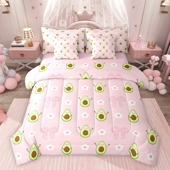 jejeloiu Cute Cartoon Avocado 7-Piece Twin Bedding Sets,Pink Bowknot Flower Bedding Comforter Set For Girls Kids Reversible