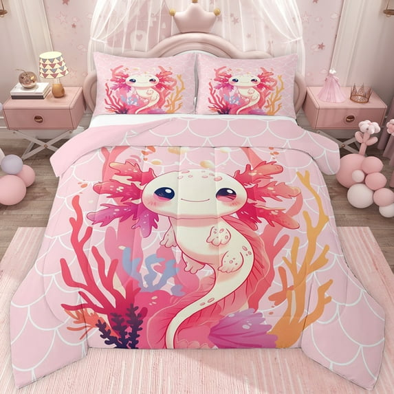 jejeloiu Cute Cartoon Axolotl Twin Comforter Sets,Colorful Ocean Coral Bedding Set For Girls Kids Reversible 2 Pieces