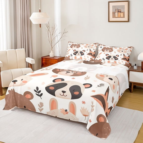 jejeloiu Cute Cartoon Bear Twin Sheet Set (3-Piece) Kawaii Animal Brown White Breathable Decor For Girls Boys