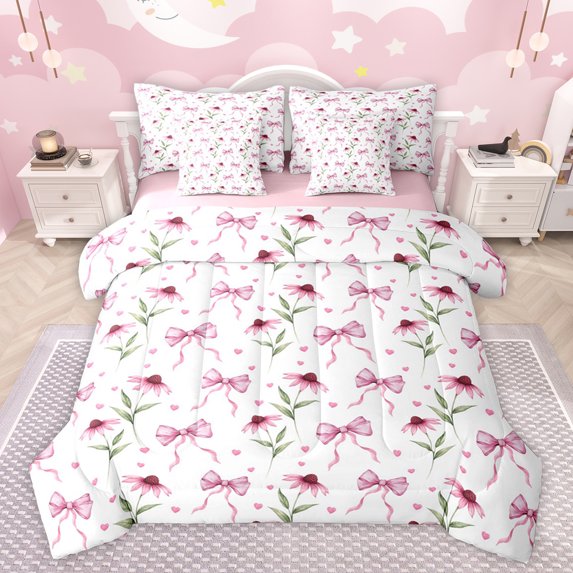 jejeloiu Cute Cartoon Bow 7-Piece Bedding Comforter Set,Rustic Floawer Floral King Bedding Sets,Pink White Bed Sheets For Teens,Microfiber Bedroom Decor Reversible