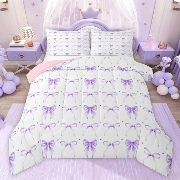jejeloiu Cute Cartoon Bow Full Size Comforter Sets,Purple Circle Dots Bedding Sets For Bowtie Girl Reversible 3 Pieces