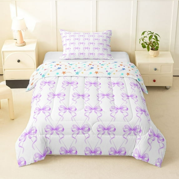 jejeloiu Cute Cartoon Bow Twin Comforter Sets,Purple Bowknot Bedding Set For Bowtie Girl Reversible 2pcs