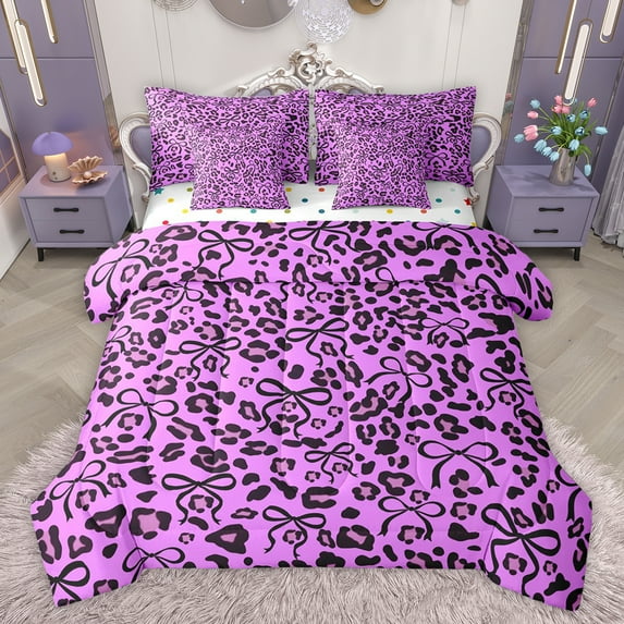 jejeloiu Cute Cartoon Bowknot 7-Piece Bedding Comforter Set,Jungle Animal Cheetah King Bedding Sets,Purple Black Bed Sheets For Adult,Super Cozy Room Decor Reversible