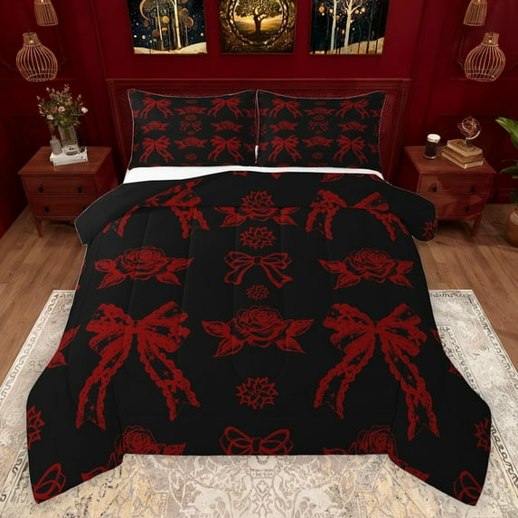 jejeloiu Cute Cartoon Bowknot Full Size Comforter Sets,Kawaii Bowtie Bedding Comforter Set,Red Black Bedding Sets For Girls Kids,Breathable Home Decor Reversible,3 Pieces