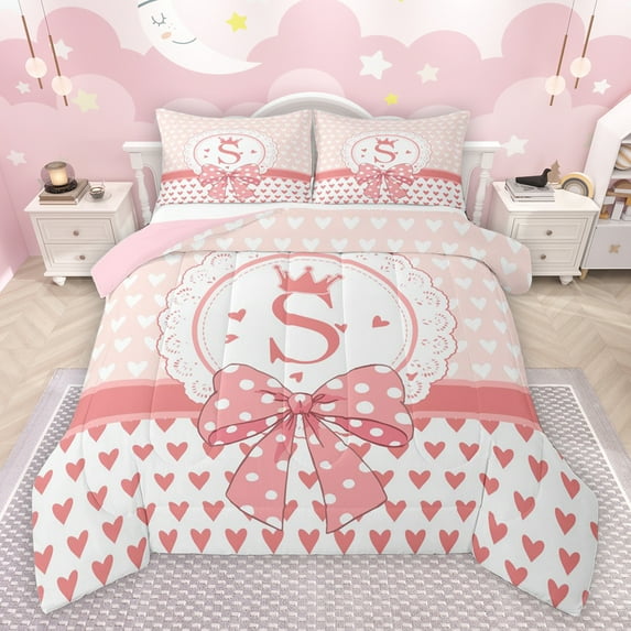 jejeloiu Cute Cartoon Bowtie Bedding Comforter Set,Pink Loves Crown Twin Comforter Sets,First Letter S Bedding Set For Girls,Super Cozy Room Decor Reversible,2 Pieces