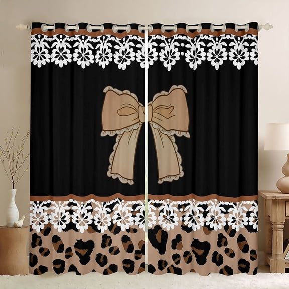 jejeloiu Cute Cartoon Bowtie Black Out Curtains,Kawaii Leopard Print Curtains Pack of 2 (42x63 Each),Brown Black White Bedroom Curtains For Teens,Super Cozy Room Decor
