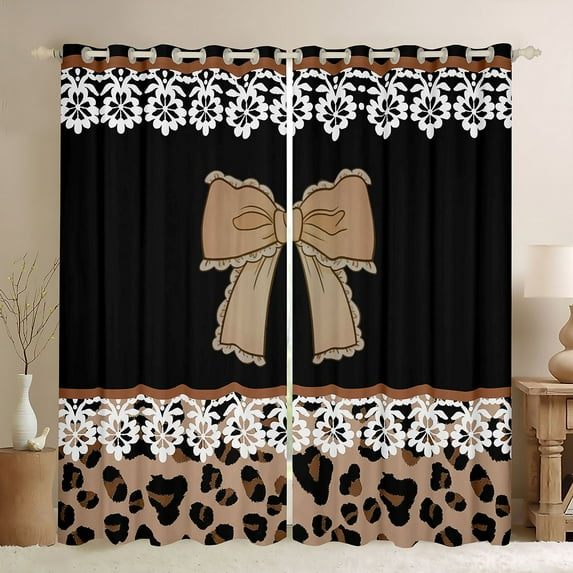 jejeloiu Cute Cartoon Bowtie Black Out Curtains,Kawaii Leopard Print Curtains Pack of 2 (42x63 Each),Brown Black White Bedroom Curtains For Teens,Super Cozy Room Decor
