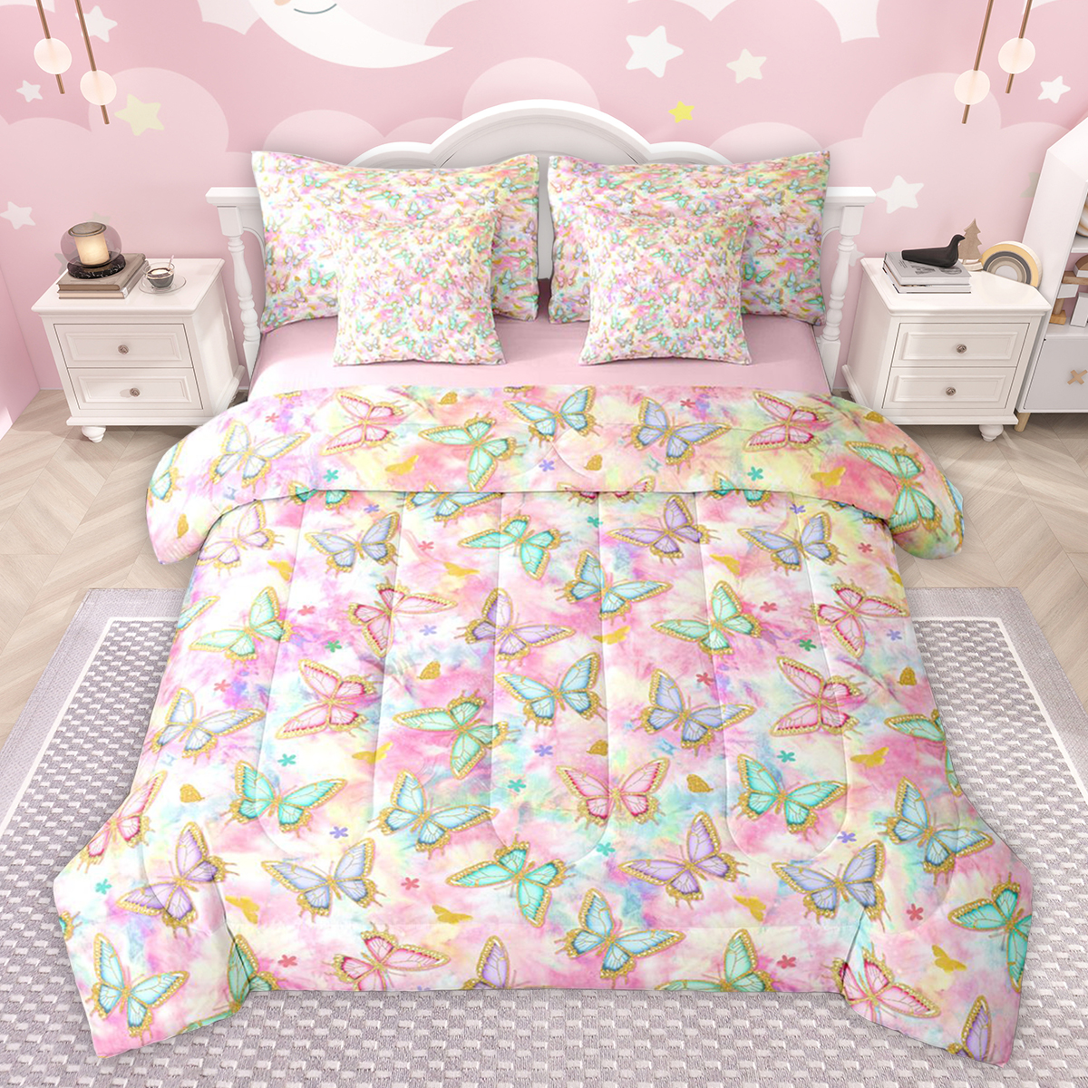 jejeloiu Cute Cartoon Butterflies 7-Piece Twin Bedding Sets,Modern Watercolor Aesthetic Bedding Comforter Set,Gold Glitter Print Sheet Sets For Kids,Breathable Home Decor Reversible