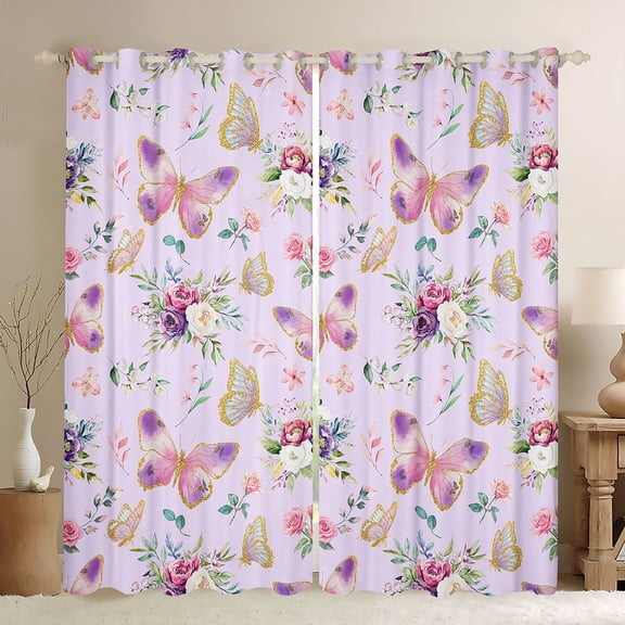 jejeloiu Cute Cartoon Butterflies Black Out Curtains,Country Floral Curtains Pack of 2 (42x63 Each),Purple Pink Green Bedroom Curtains For Girls Teens,Super Cozy Room Decor