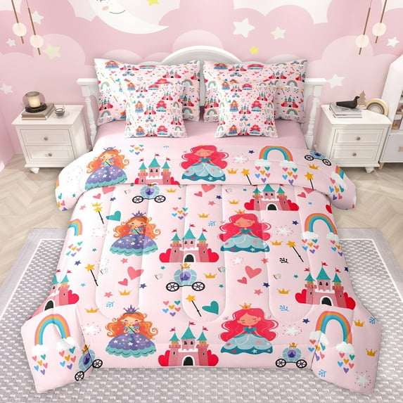 jejeloiu Cute Cartoon Castle 7pcs Bedding Comforter Set,Kawaii Princess Queen Bedding Sets,Vartoon Pumpkin Carriage Queen Sheet Sets For Girls,Ultra Soft Home Decor Reversible