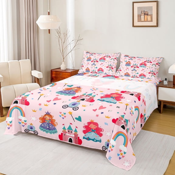 jejeloiu Cute Cartoon Castle Bed Sheets,Kawaii Princess King Sheets,Vartoon Pumpkin Carriage Sheet Set For Girls,Ultra Soft Home Decor,4pcs