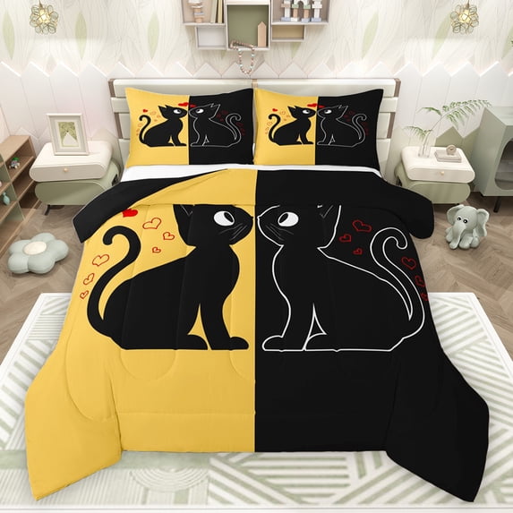 jejeloiu Cute Cartoon Cat Queen Comforter Set,Kawaii Kitten Loves Bedding Sets,Yellow Black Bedding Comforter Set For Girls Kids,Breathable Home Decor Reversible,3pcs
