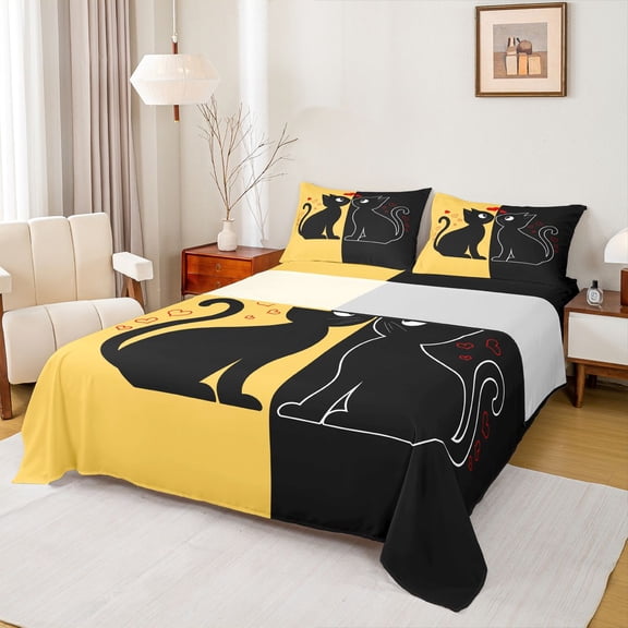 jejeloiu Cute Cartoon Cat Queen Sheet Sets,Kawaii Kitten Loves Flat Sheet,Yellow Black Queen Fitted Sheet For Girls Kids,Breathable Home Decor,4pcs