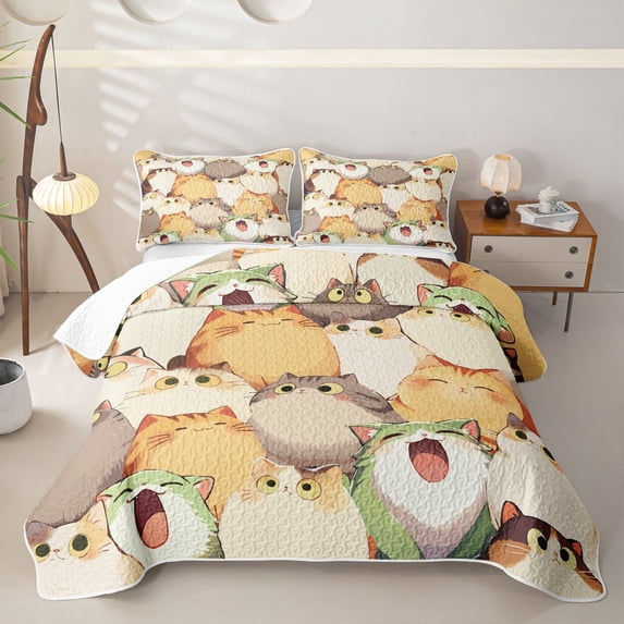 jejeloiu Cute Cartoon Cat Twin Quilt Set Kids,Beige Kitten Pattern Twin Coverlet Set,2-Piece