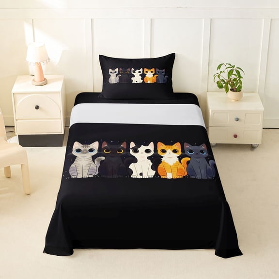 jejeloiu Cute Cartoon Cat Twin Sheet Sets Kids,Multi Color Kitten Print Bedding,3 Pieces