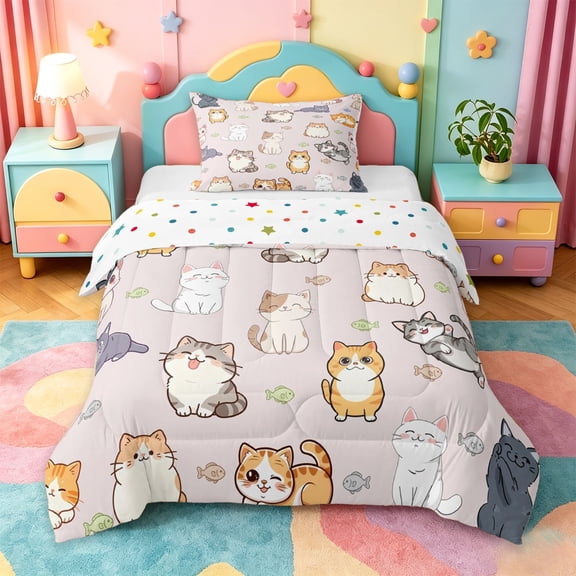 jejeloiu Cute Cartoon Cat With Fish Twin Comforter Sets Kids,Kawaii Kitten Print Bedding Set For Girls,Reversible,2-Piece