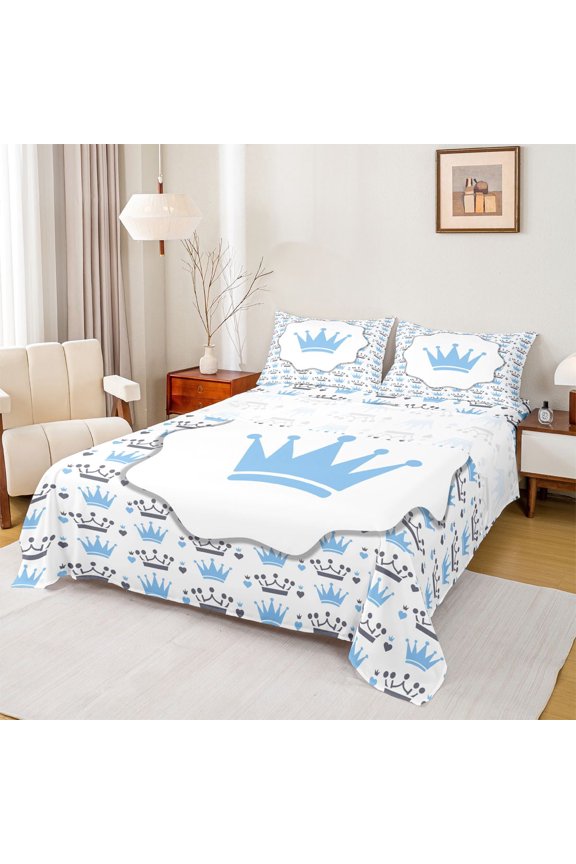 Cute Cartoon Crown Queen Sheet Sets,Kawaii Loves Pattern Flat Sheet,White Blue Queen Fitted Sheet For Girls Boys,Super Cozy Room Decor,4 Pieces