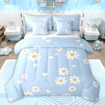 jejeloiu Cute Cartoon Daisy 7-Piece Twin Bedding Sets,Kawaii Flower Floral Bedding Comforter Set,White Blue Sheet Sets For Teens,Super Cozy Room Decor Reversible