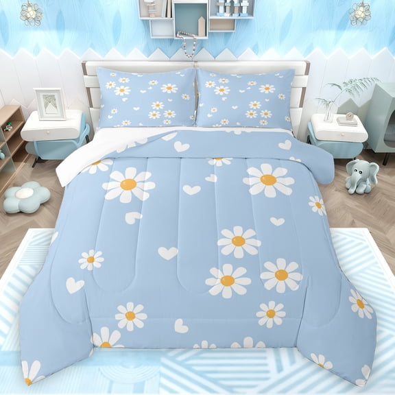 jejeloiu Cute Cartoon Daisy Bedding Comforter Set,Kawaii Flower Floral Twin Comforter Sets,White Blue Bedding Set For Teens,Super Cozy Room Decor,2pcs