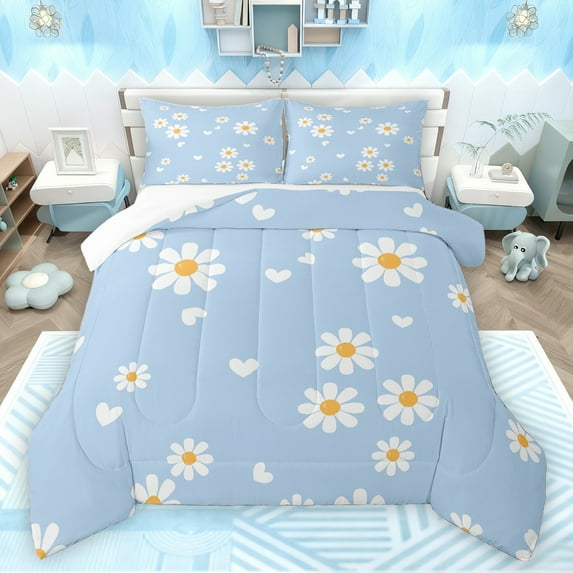 jejeloiu Cute Cartoon Daisy Bedding Comforter Set,Kawaii Flower Floral Twin Comforter Sets,White Blue Bedding Set For Teens,Super Cozy Room Decor,2pcs