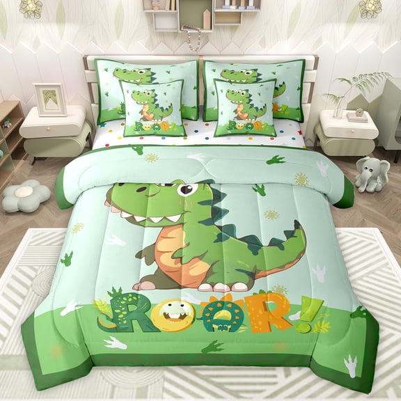 jejeloiu Cute Cartoon Dinosaur 7-Piece Twin Bedding Sets,Wild Animal Bedding Comforter Set,Green Dino Sheet Sets For Boys Kids,Breathable Home Decor Reversible