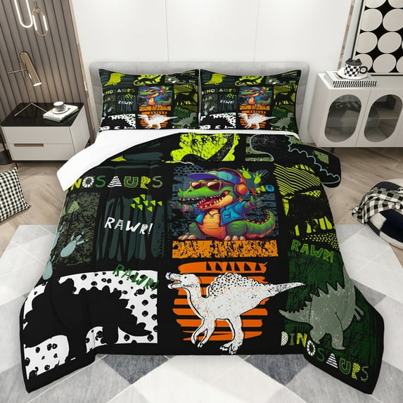 jejeloiu Cute Cartoon Dinosaur Bedding Comforter Set,Kawaii Dino Silhouette Twin Comforter Sets,Green Black Orange Bedding Set For Kids,Super Cozy Room Decor,2-Piece