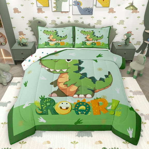 jejeloiu Cute Cartoon Dinosaur Bedding Comforter Set,Wild Animal Twin Comforter Sets,Green Dino Bedding Set For Boys Kids,Breathable Home Decor Reversible,2 Pieces