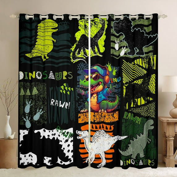 jejeloiu Cute Cartoon Dinosaur Black Out Curtains,Kawaii Dino Silhouette Curtains Pack of 2 (42x63 Each),Green Black Orange Bedroom Curtains For Kids,Super Cozy Room Decor