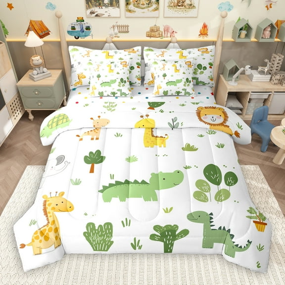jejeloiu Cute Cartoon dinosaur 7-Piece Twin Bedding Sets,Zoo Animal Giraffe Bedding Comforter Set,Tropical Desert Plant Cactus Sheet Sets For Kids Boys,Super Cozy Room Decor Reversible