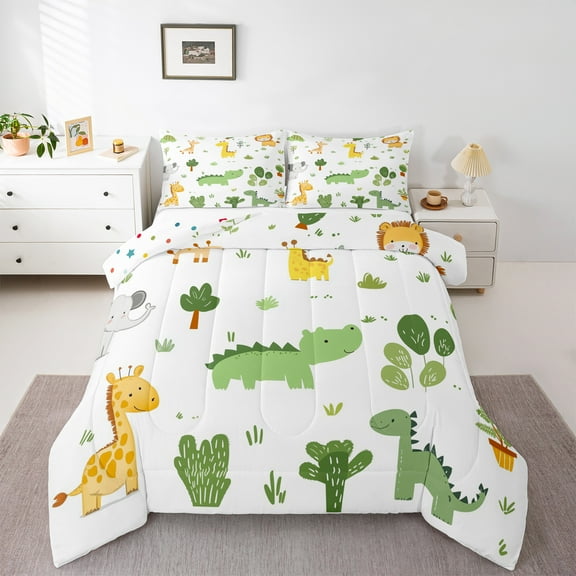jejeloiu Cute Cartoon dinosaur Bedding Comforter Set,Zoo Animal Giraffe Twin Comforter Sets,Tropical Desert Plant Cactus Bedding Set For Kids Boys,Super Cozy Room Decor Reversible,2-Piece